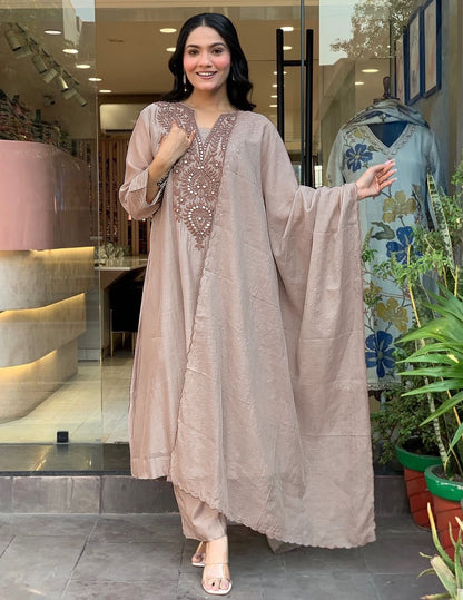 Dusty Rose Embroidered Kurta Pant Set with Matching Dupatta