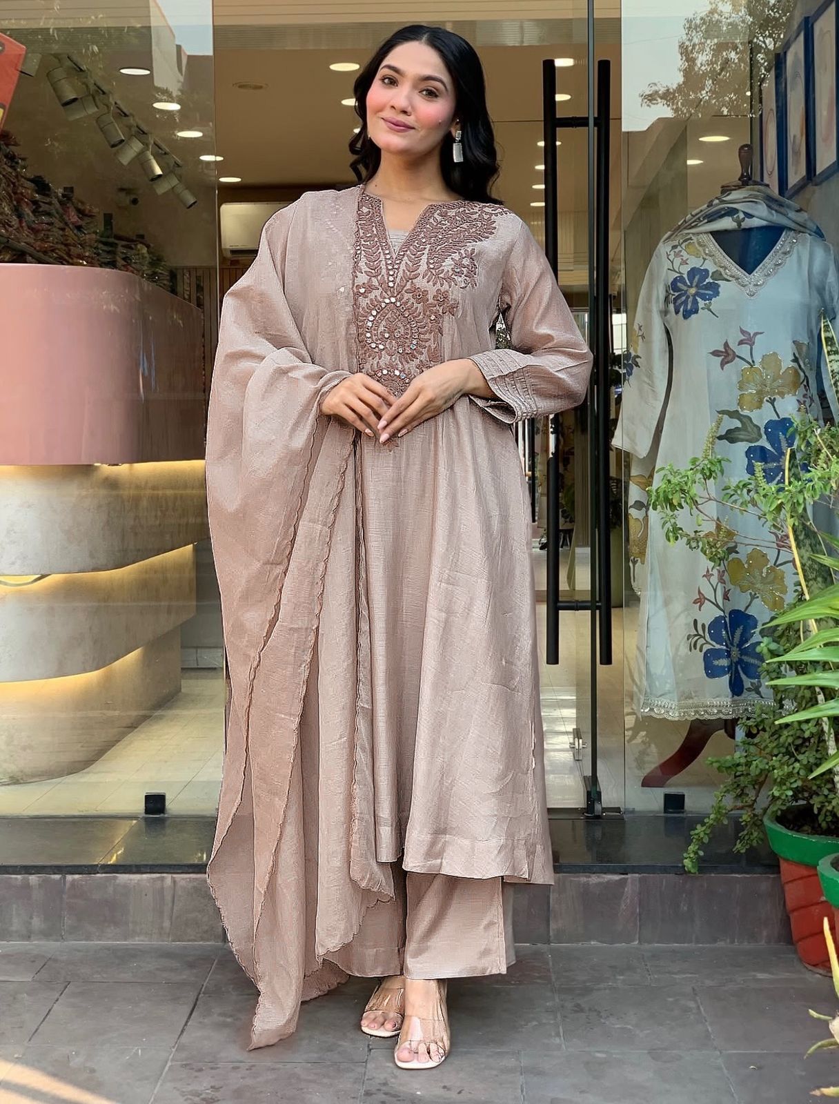 Dusty Rose Embroidered Kurta Pant Set with Matching Dupatta