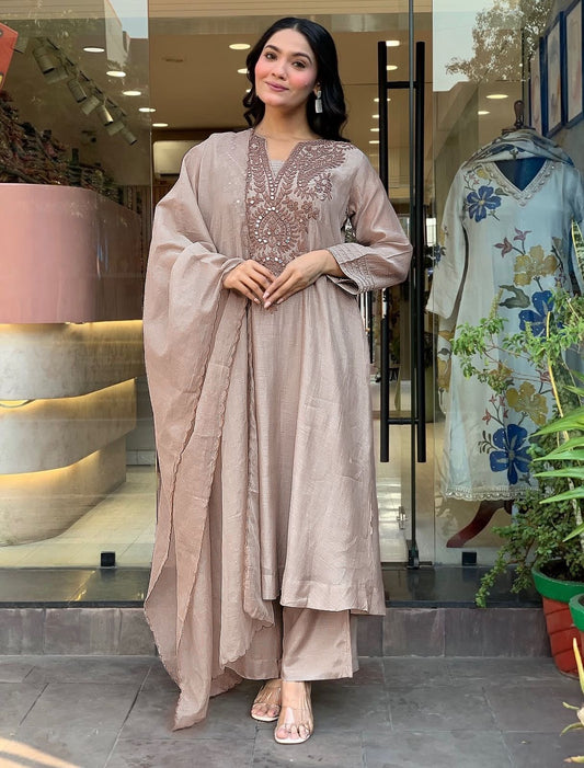 Dusty Rose Embroidered Kurta Pant Set with Matching Dupatta
