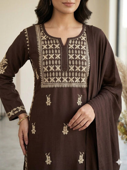 Chocolate Brown Embroidered Kurta Pant Set with Matching Dupatta