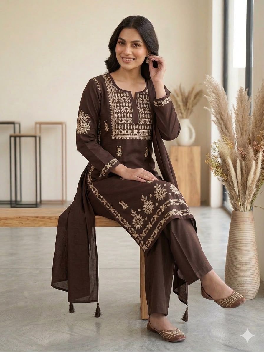 Chocolate Brown Embroidered Kurta Pant Set with Matching Dupatta