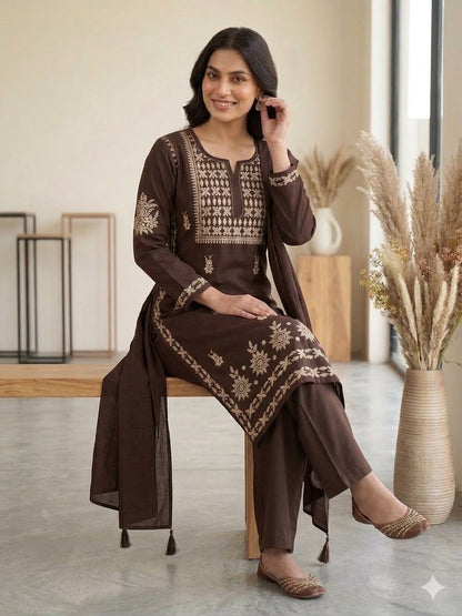 Chocolate Brown Embroidered Kurta Pant Set with Matching Dupatta