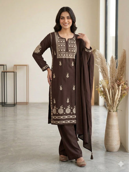 Chocolate Brown Embroidered Kurta Pant Set with Matching Dupatta