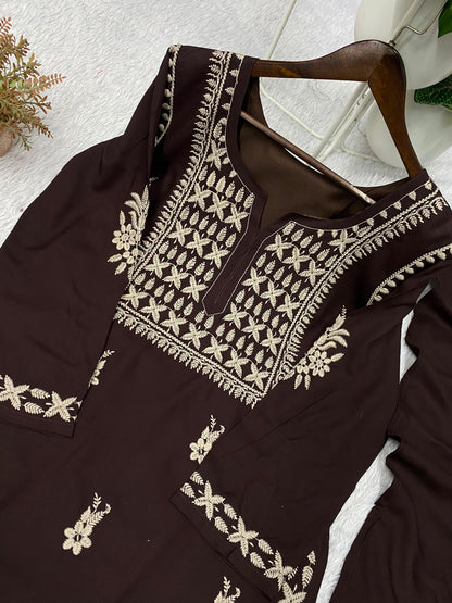 Chocolate Brown Embroidered Kurta Pant Set with Matching Dupatta