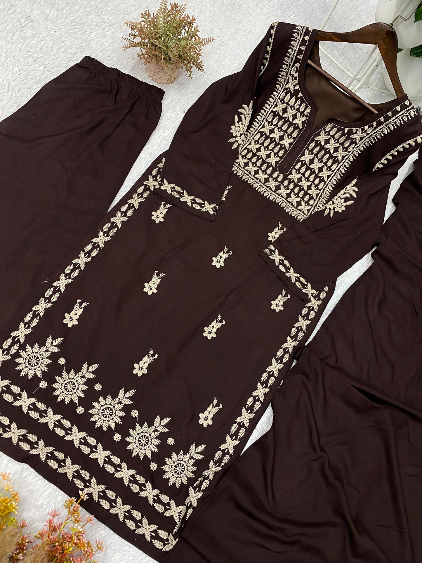 Chocolate Brown Embroidered Kurta Pant Set with Matching Dupatta