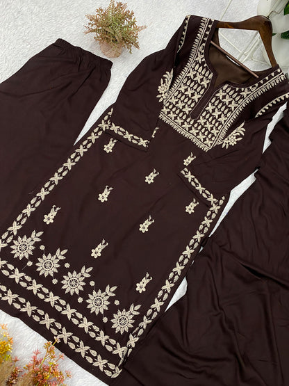 Chocolate Brown Embroidered Kurta Pant Set with Matching Dupatta