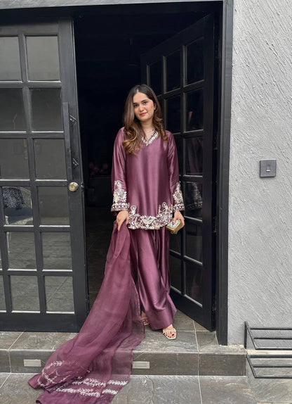 Wine Satin Embroidered Kurta Palazzo Set with Organza Dupatta