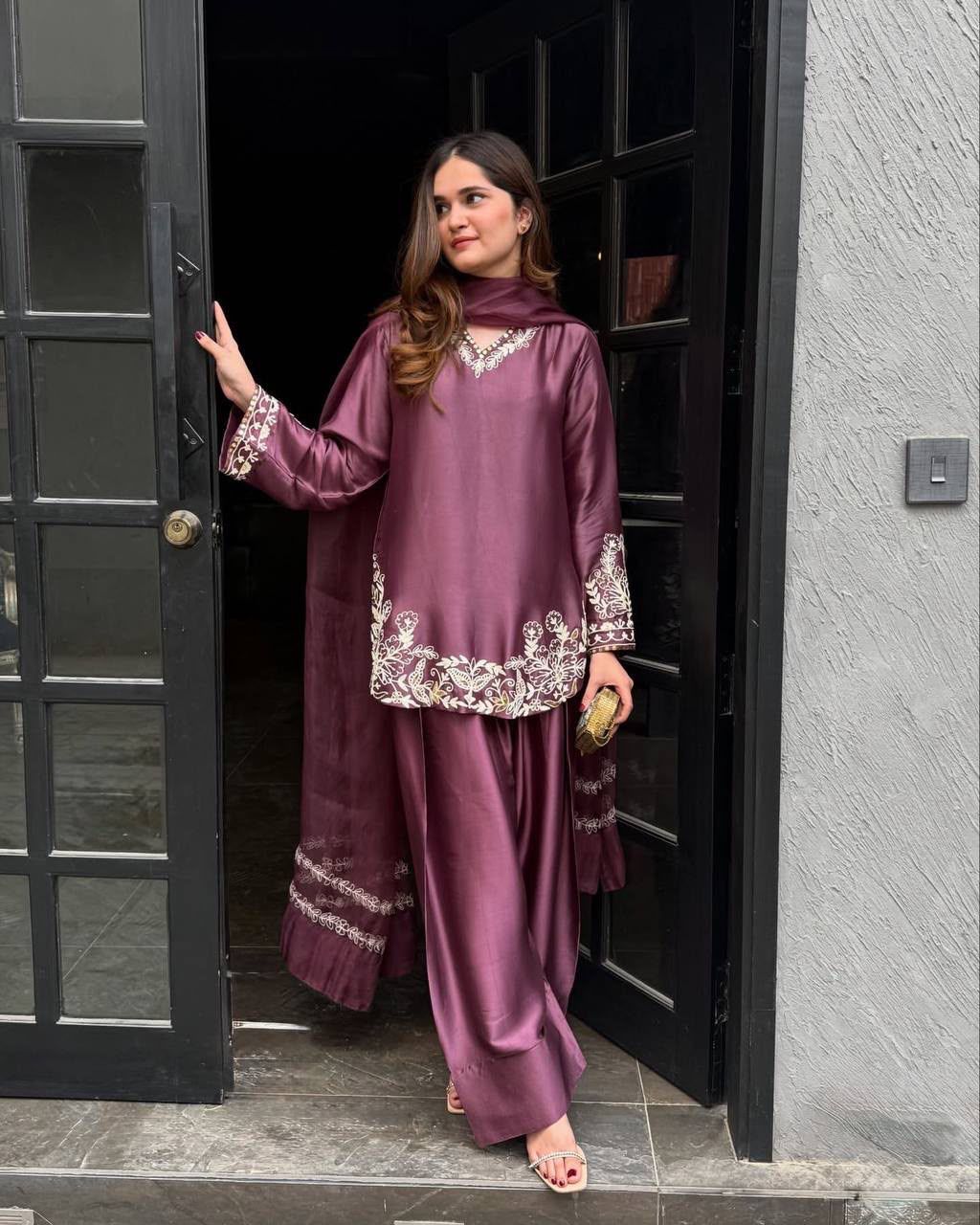 Wine Satin Embroidered Kurta Palazzo Set with Organza Dupatta