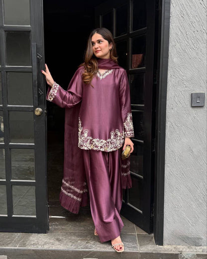 Wine Satin Embroidered Kurta Palazzo Set with Organza Dupatta