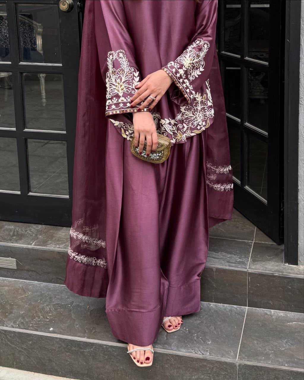 Wine Satin Embroidered Kurta Palazzo Set with Organza Dupatta