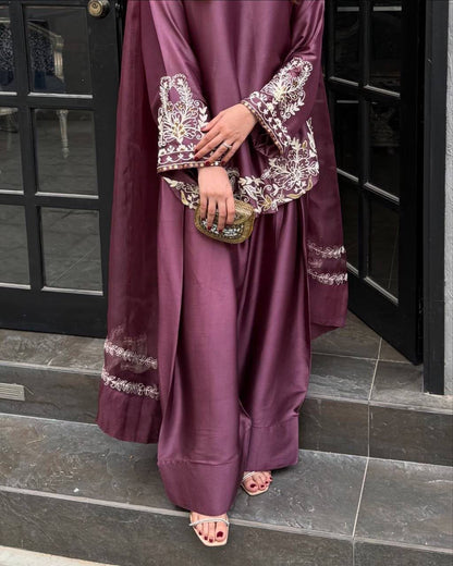 Wine Satin Embroidered Kurta Palazzo Set with Organza Dupatta