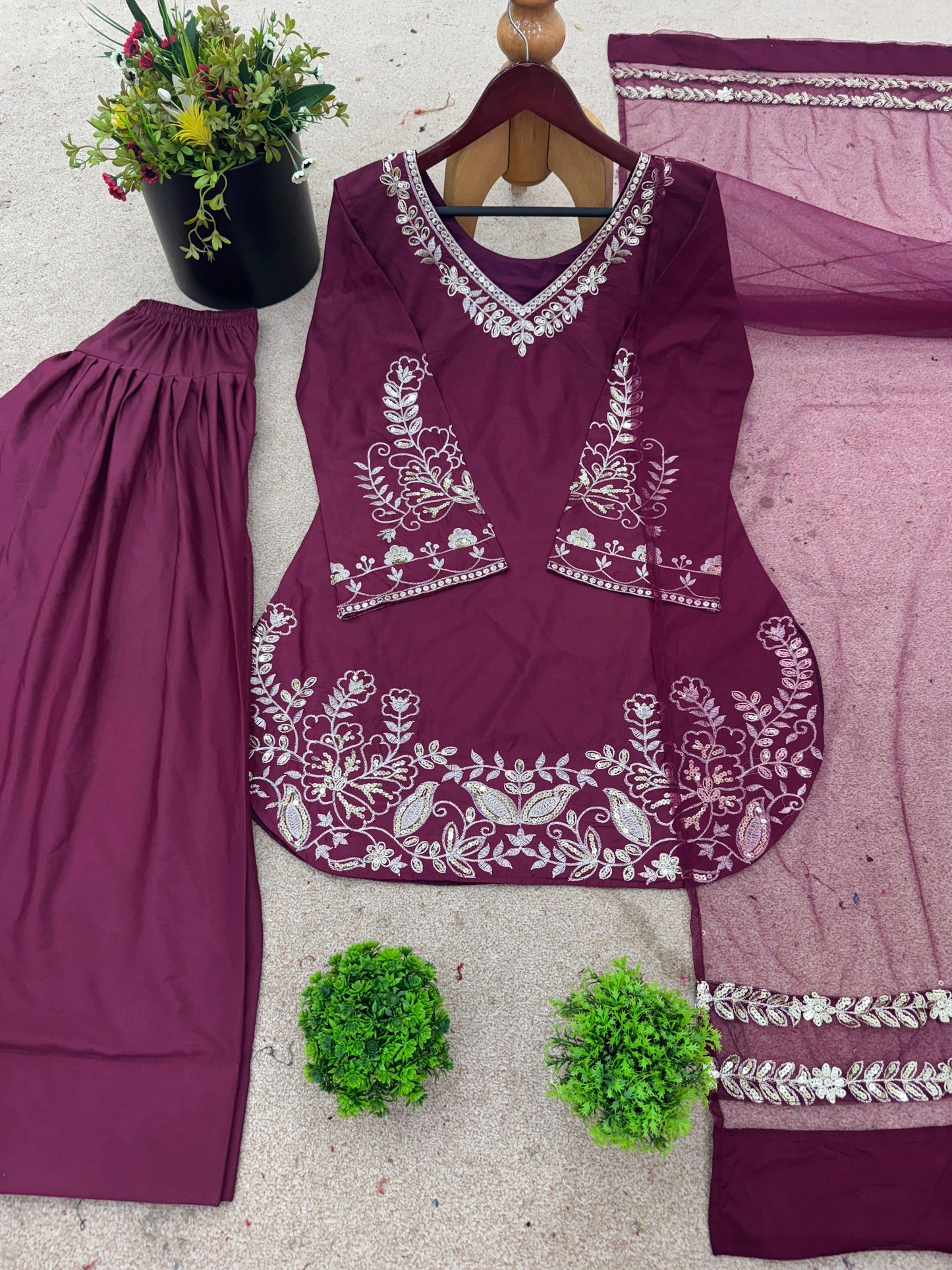 Wine Satin Embroidered Kurta Palazzo Set with Organza Dupatta