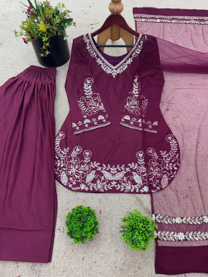 Wine Satin Embroidered Kurta Palazzo Set with Organza Dupatta