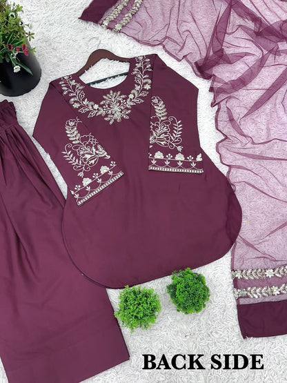 Wine Satin Embroidered Kurta Palazzo Set with Organza Dupatta