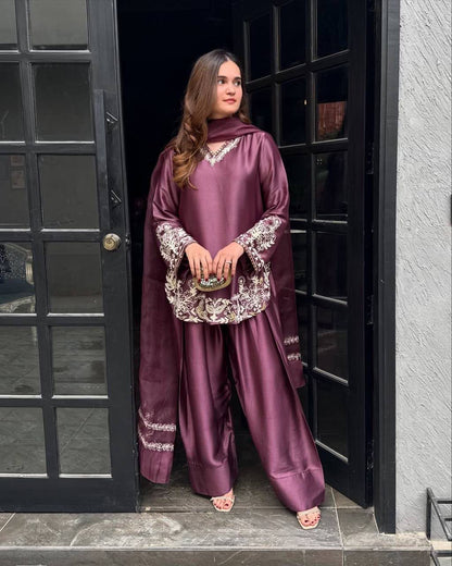 Wine Satin Embroidered Kurta Palazzo Set with Organza Dupatta
