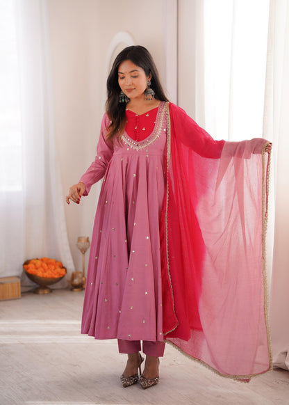 Festive  Embellished Anarkali Kurta Pant Set with Dual-Tone Dupatta for Women