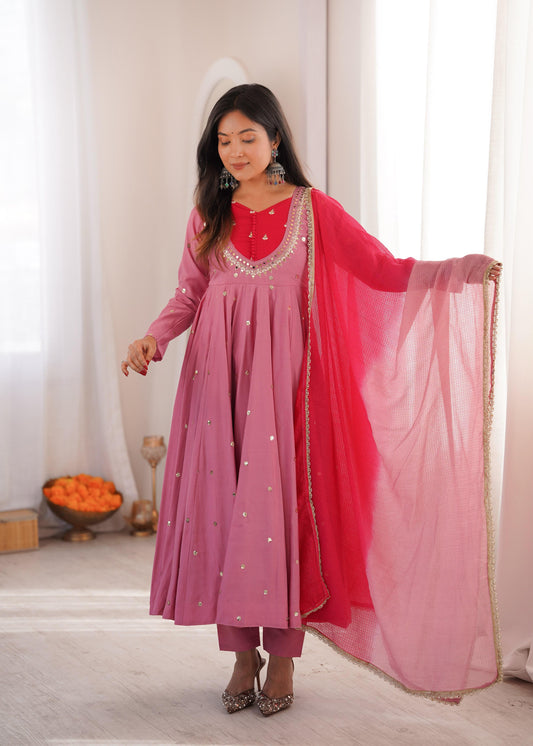 Festive  Embellished Anarkali Kurta Pant Set with Dual-Tone Dupatta for Women