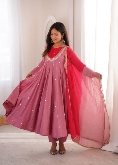 Festive  Embellished Anarkali Kurta Pant Set with Dual-Tone Dupatta for Women