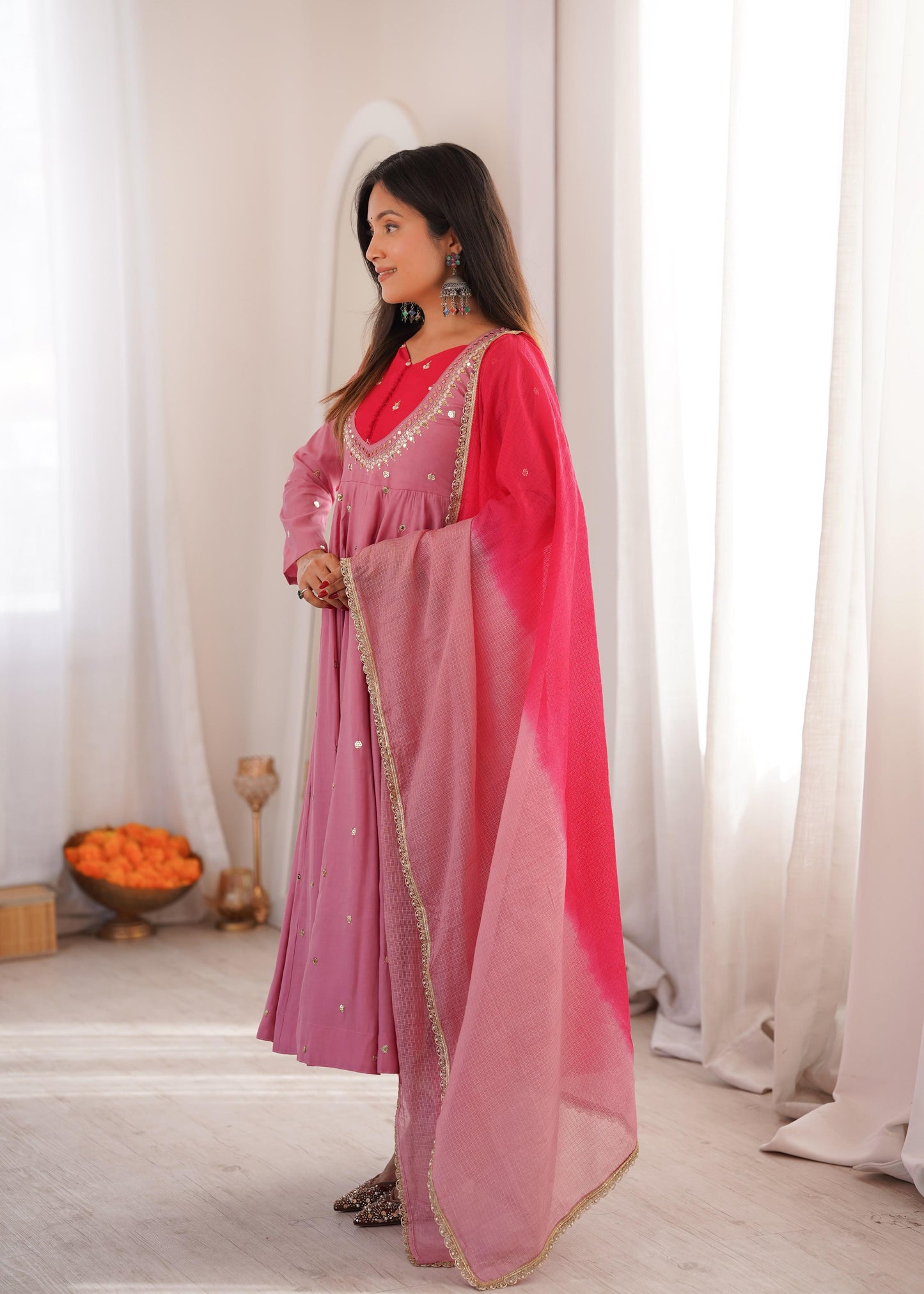 Festive  Embellished Anarkali Kurta Pant Set with Dual-Tone Dupatta for Women