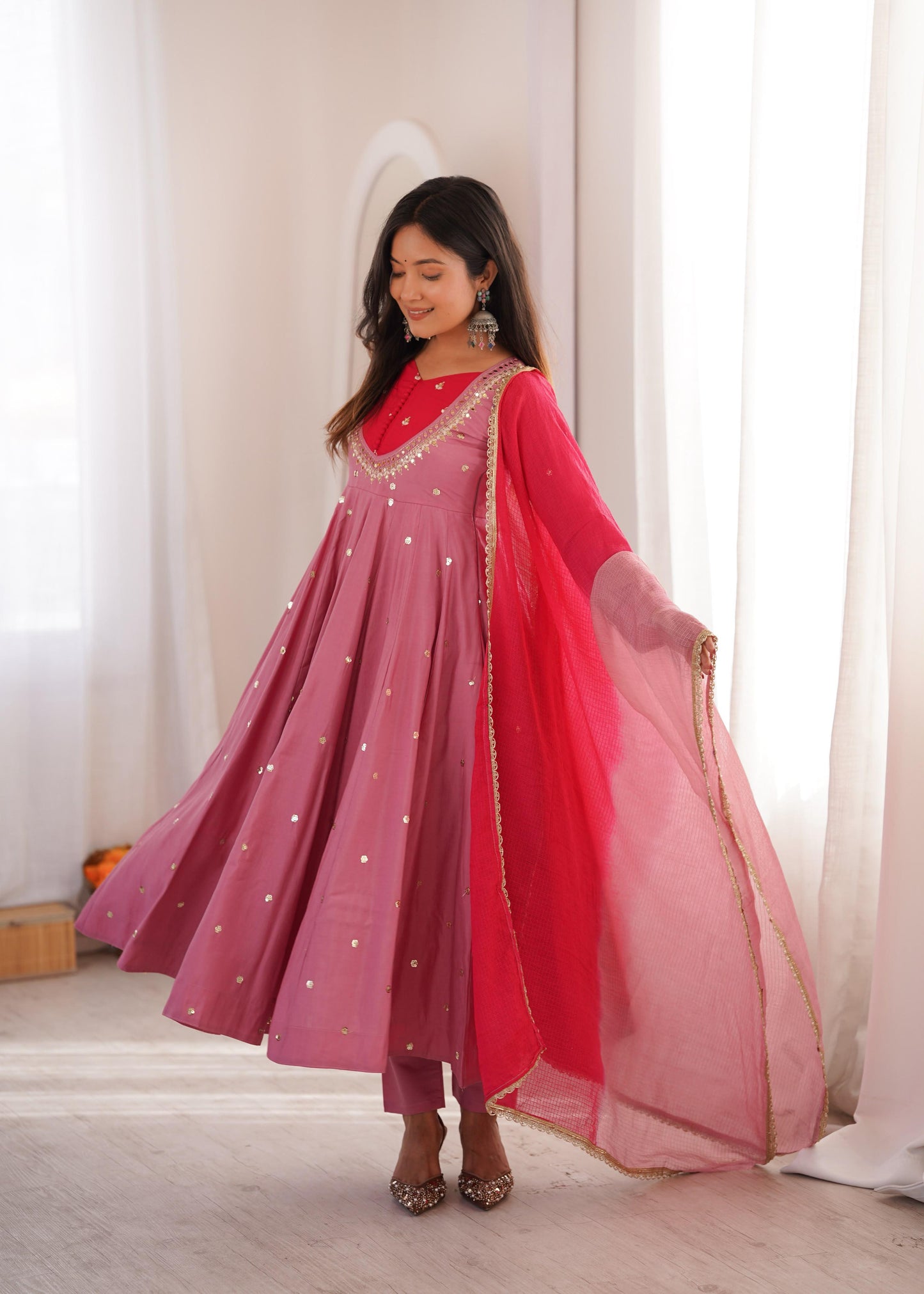 Festive  Embellished Anarkali Kurta Pant Set with Dual-Tone Dupatta for Women