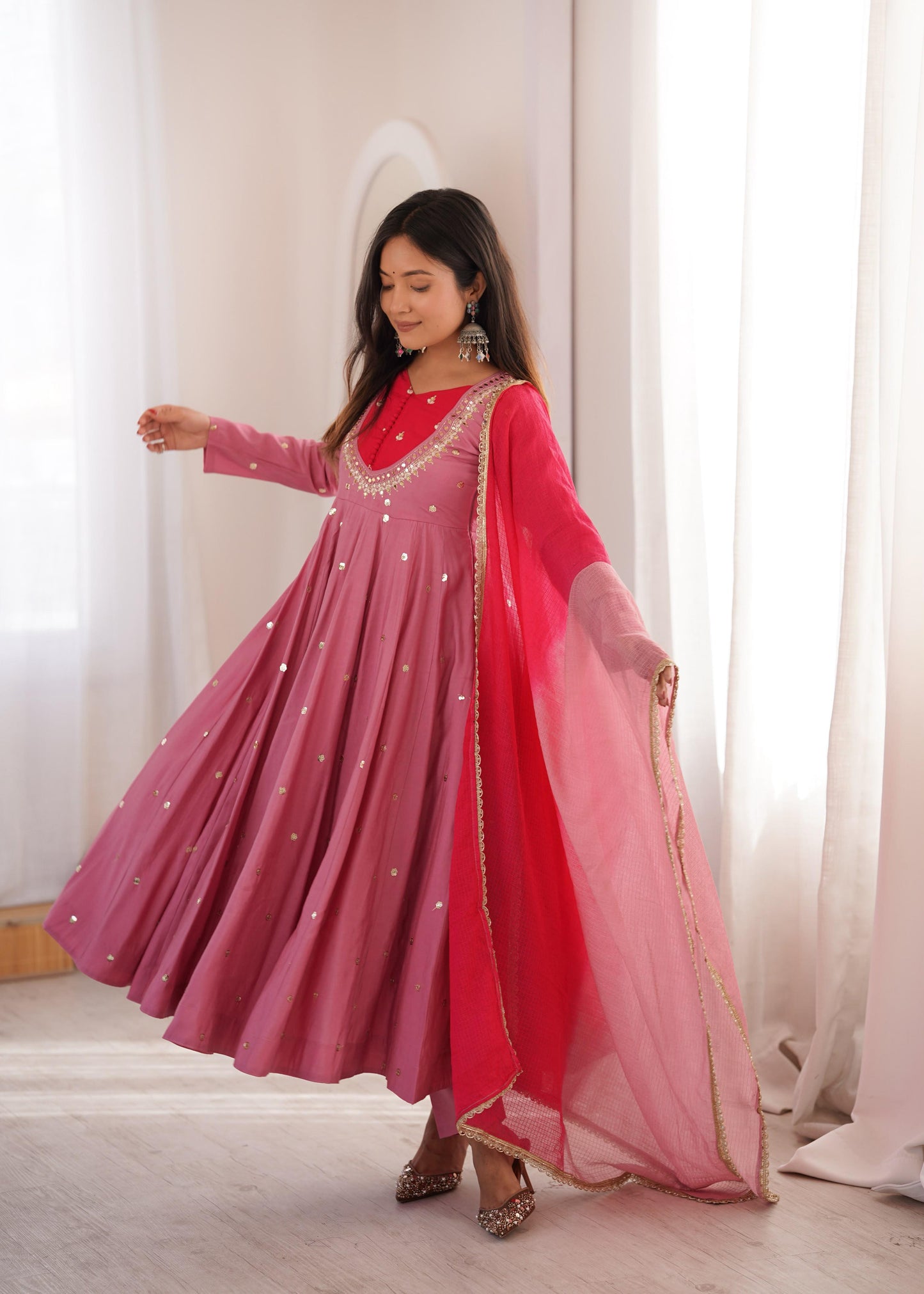 Festive  Embellished Anarkali Kurta Pant Set with Dual-Tone Dupatta for Women