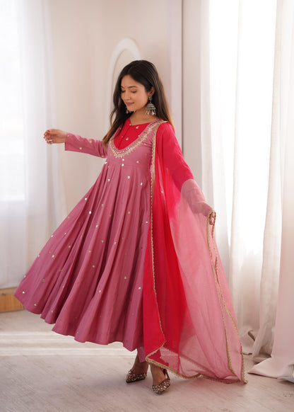 Festive  Embellished Anarkali Kurta Pant Set with Dual-Tone Dupatta for Women