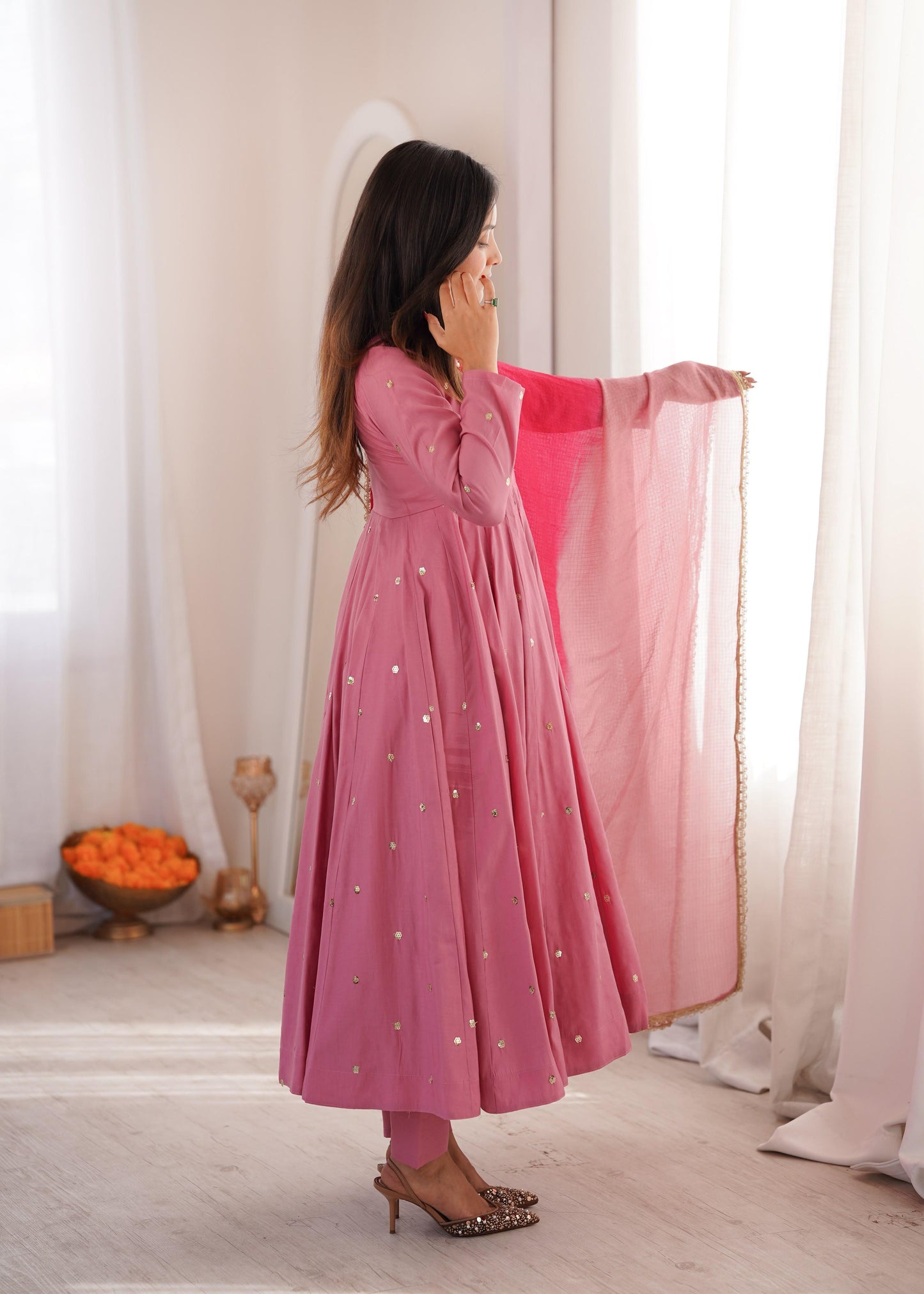 Festive  Embellished Anarkali Kurta Pant Set with Dual-Tone Dupatta for Women