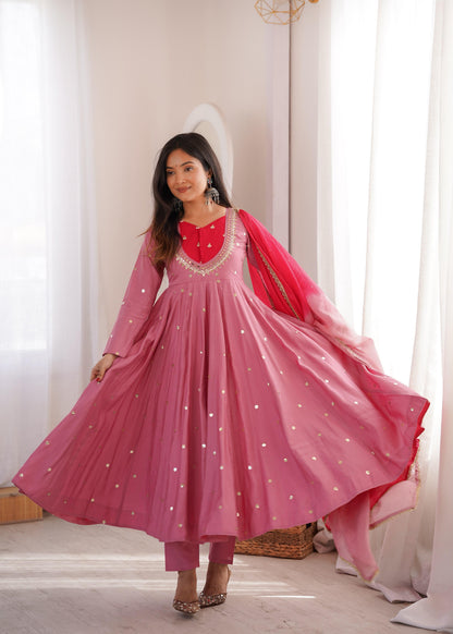 Festive  Embellished Anarkali Kurta Pant Set with Dual-Tone Dupatta for Women