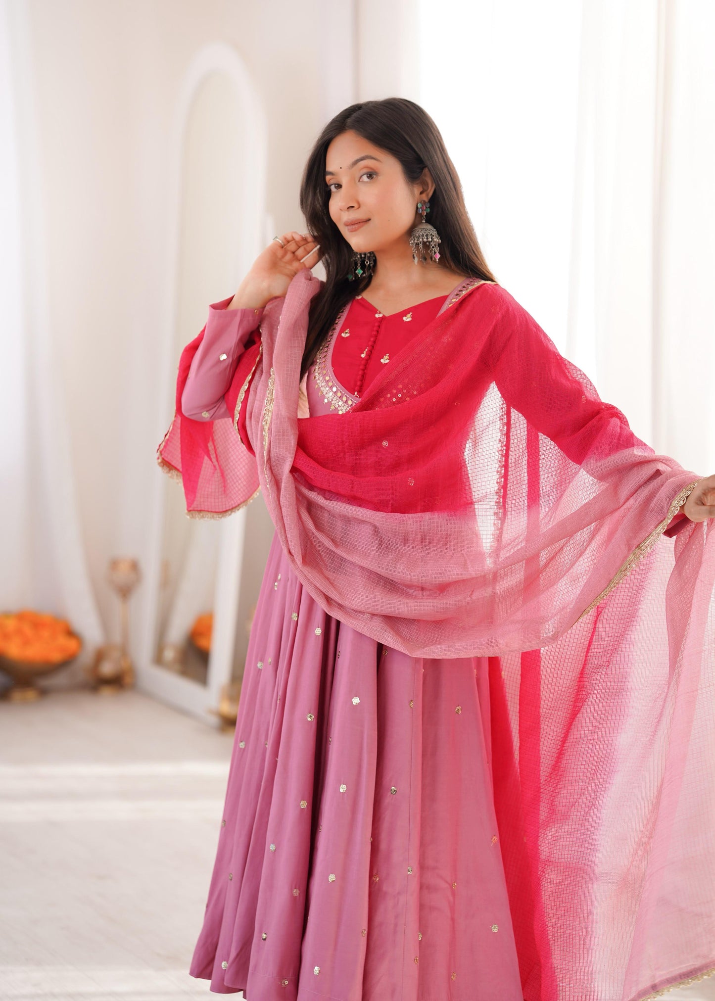 Festive  Embellished Anarkali Kurta Pant Set with Dual-Tone Dupatta for Women