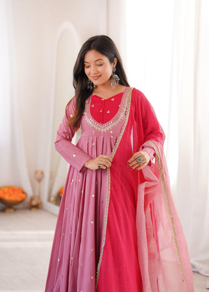 Festive  Embellished Anarkali Kurta Pant Set with Dual-Tone Dupatta for Women