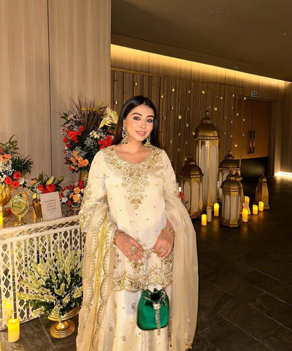 Ivory Gold Embroidered Kurta Sharara Set with Organza Dupatta