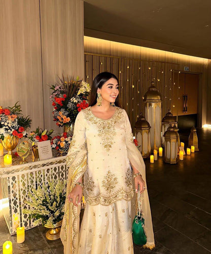 Ivory Gold Embroidered Kurta Sharara Set with Organza Dupatta