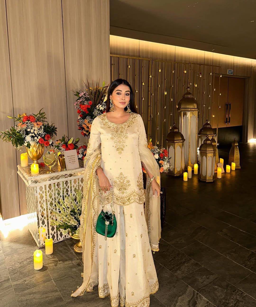 Ivory Gold Embroidered Kurta Sharara Set with Organza Dupatta