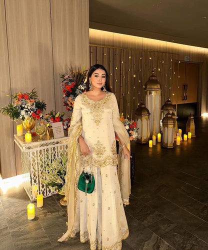 Ivory Gold Embroidered Kurta Sharara Set with Organza Dupatta