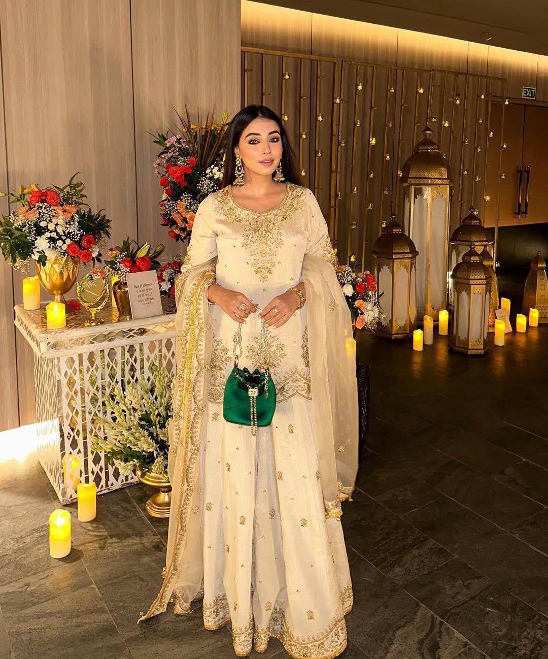 Ivory Gold Embroidered Kurta Sharara Set with Organza Dupatta