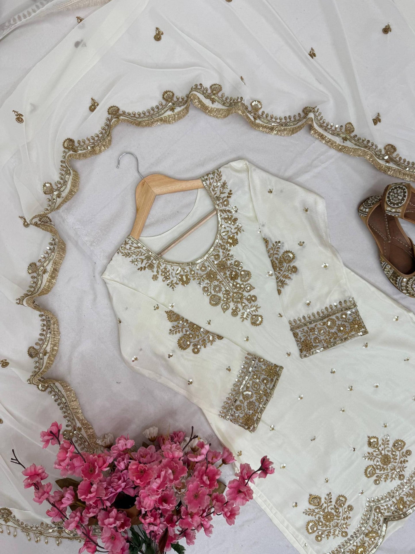 Ivory Gold Embroidered Kurta Sharara Set with Organza Dupatta