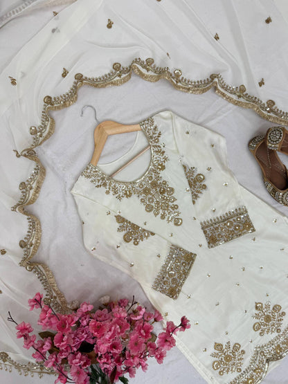 Ivory Gold Embroidered Kurta Sharara Set with Organza Dupatta
