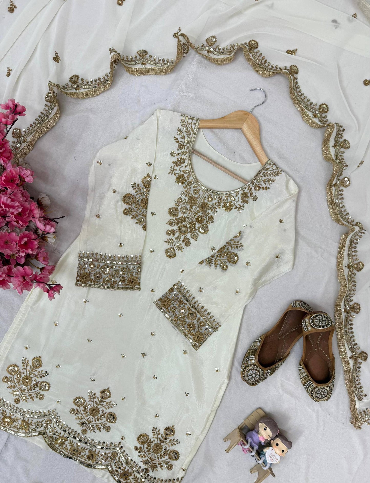 Ivory Gold Embroidered Kurta Sharara Set with Organza Dupatta