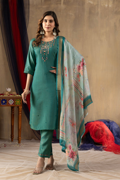 Teal Embroidered Kurta Pant Set with Floral Organza Dupatta