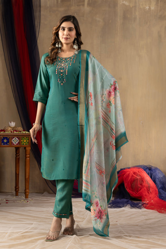 Teal Embroidered Kurta Pant Set with Floral Organza Dupatta