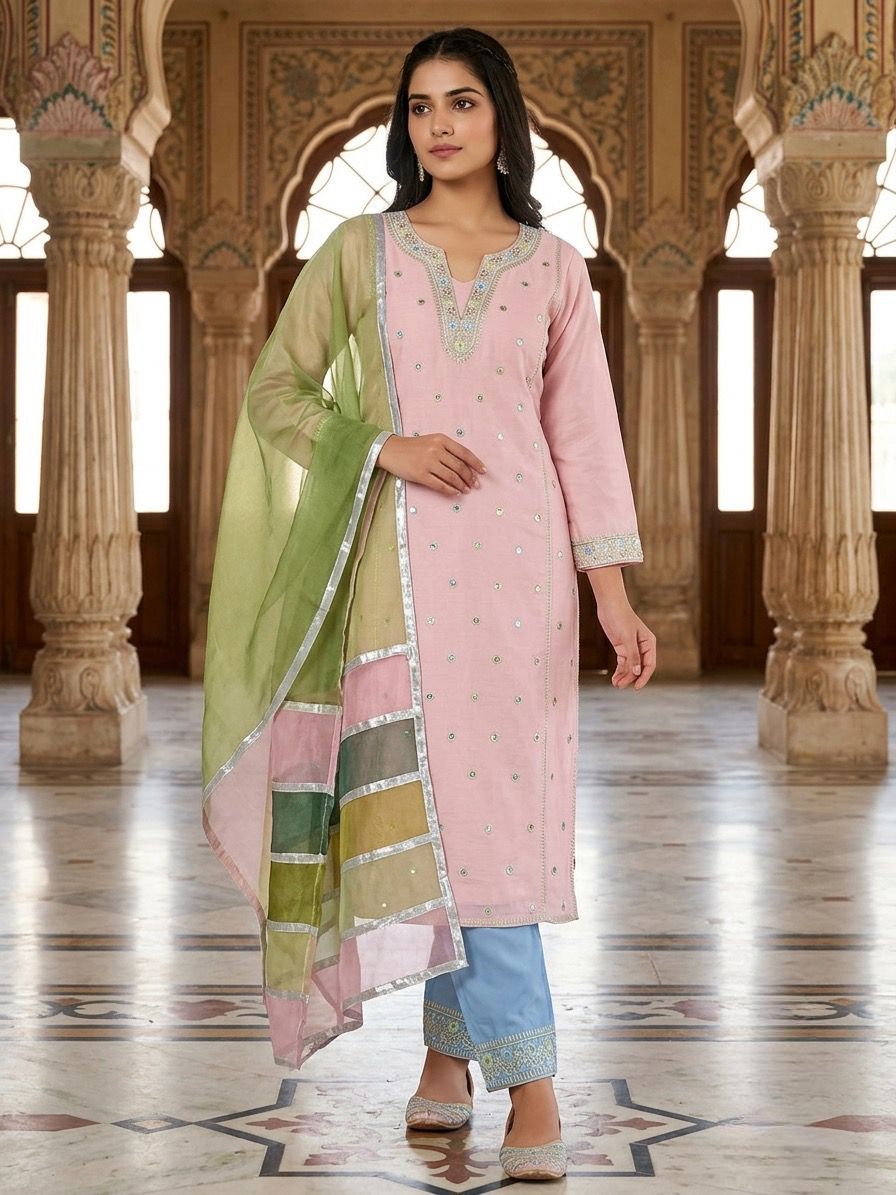 Pastel Pink Embroidered Kurta Pant Set with Organza Color-Block Dupatta