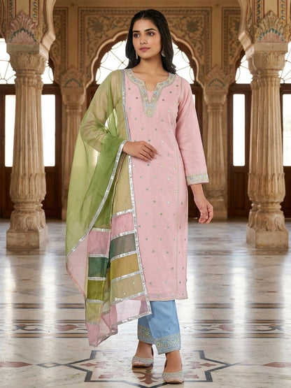 Pastel Pink Embroidered Kurta Pant Set with Organza Color-Block Dupatta