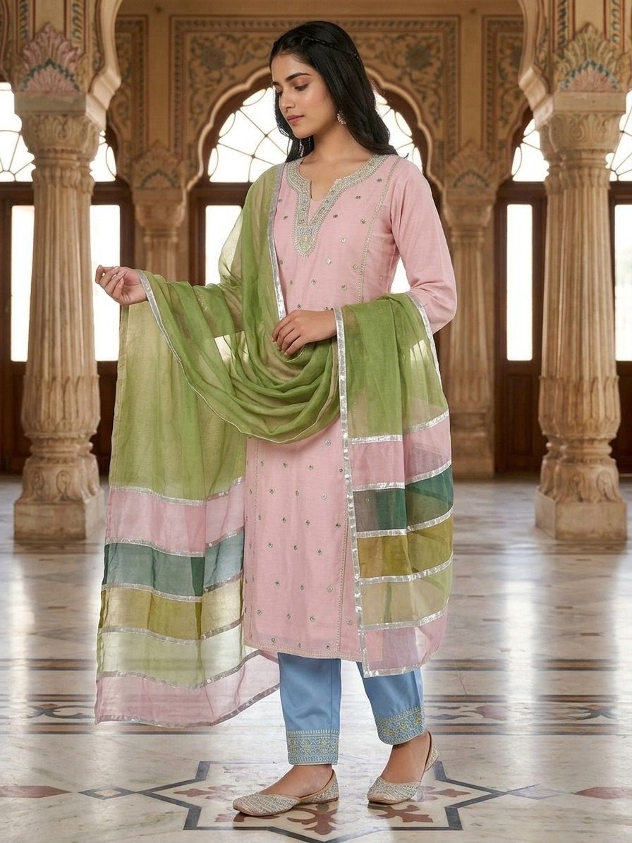 Pastel Pink Embroidered Kurta Pant Set with Organza Color-Block Dupatta
