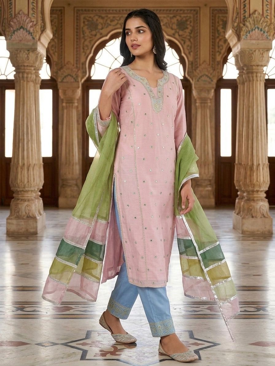Pastel Pink Embroidered Kurta Pant Set with Organza Color-Block Dupatta