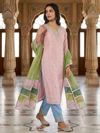 Pastel Pink Embroidered Kurta Pant Set with Organza Color-Block Dupatta