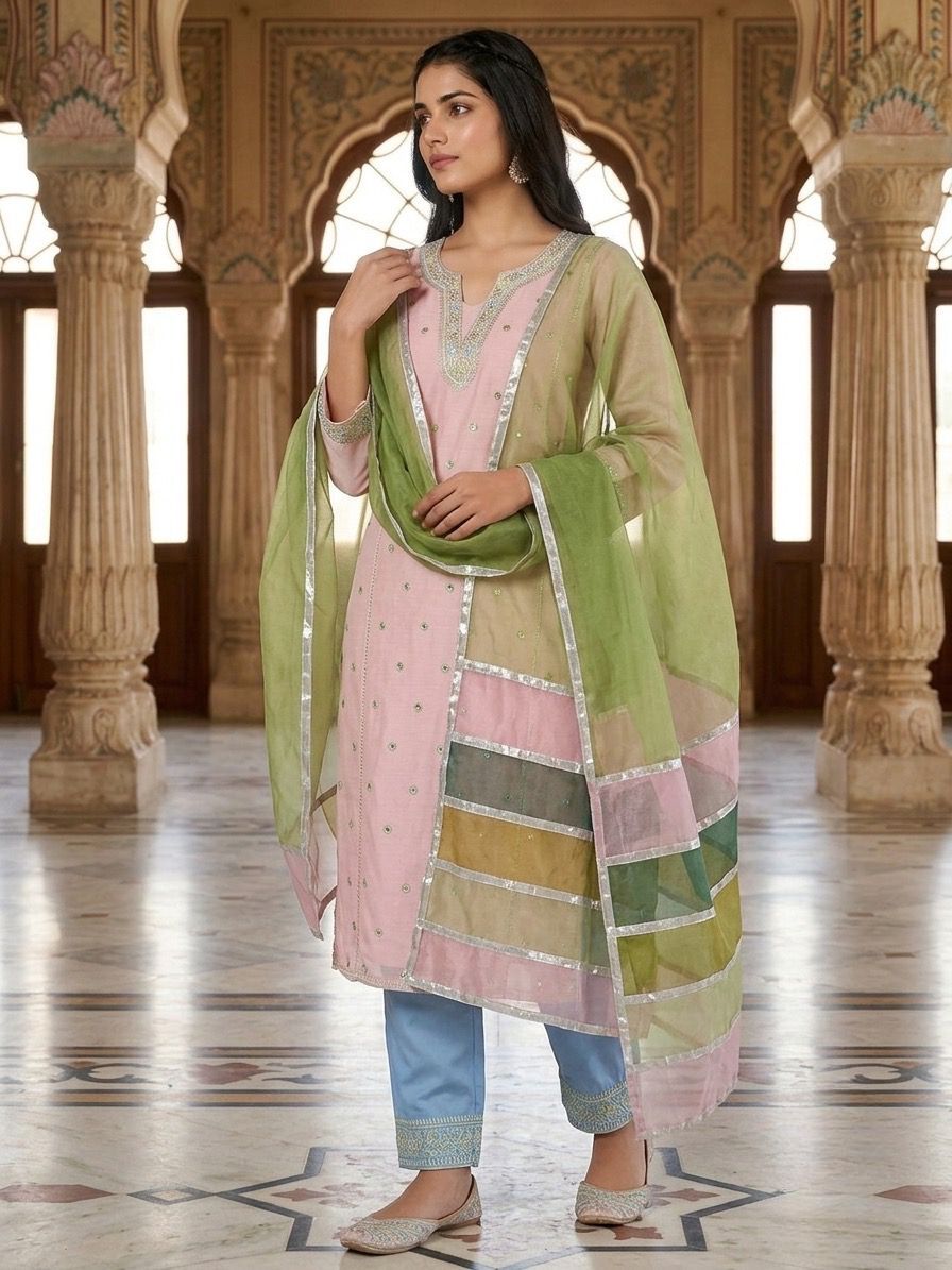 Pastel Pink Embroidered Kurta Pant Set with Organza Color-Block Dupatta