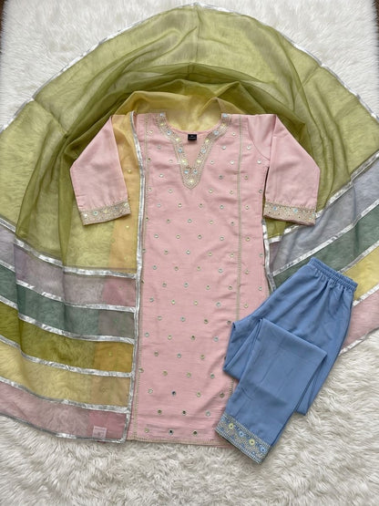 Pastel Pink Embroidered Kurta Pant Set with Organza Color-Block Dupatta