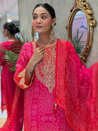 Rani Pink Embroidered Kurta Pant Set with Printed Dupatta