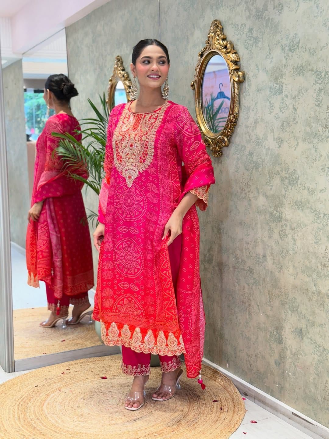Rani Pink Embroidered Kurta Pant Set with Printed Dupatta