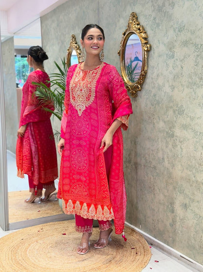 Rani Pink Embroidered Kurta Pant Set with Printed Dupatta